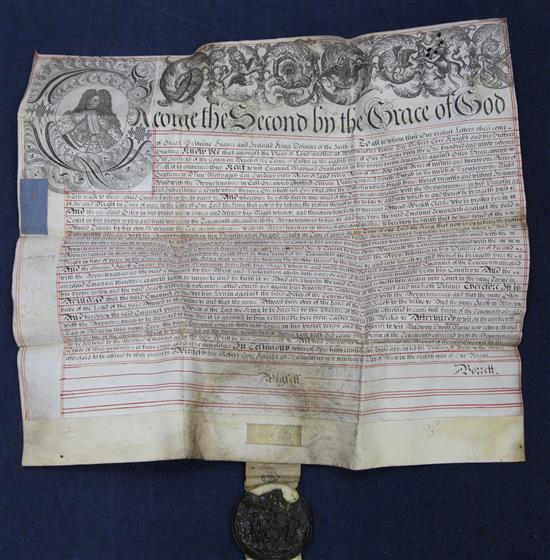 A George II parchment deed of Common Recovery, c.1735, 27 x 30in.